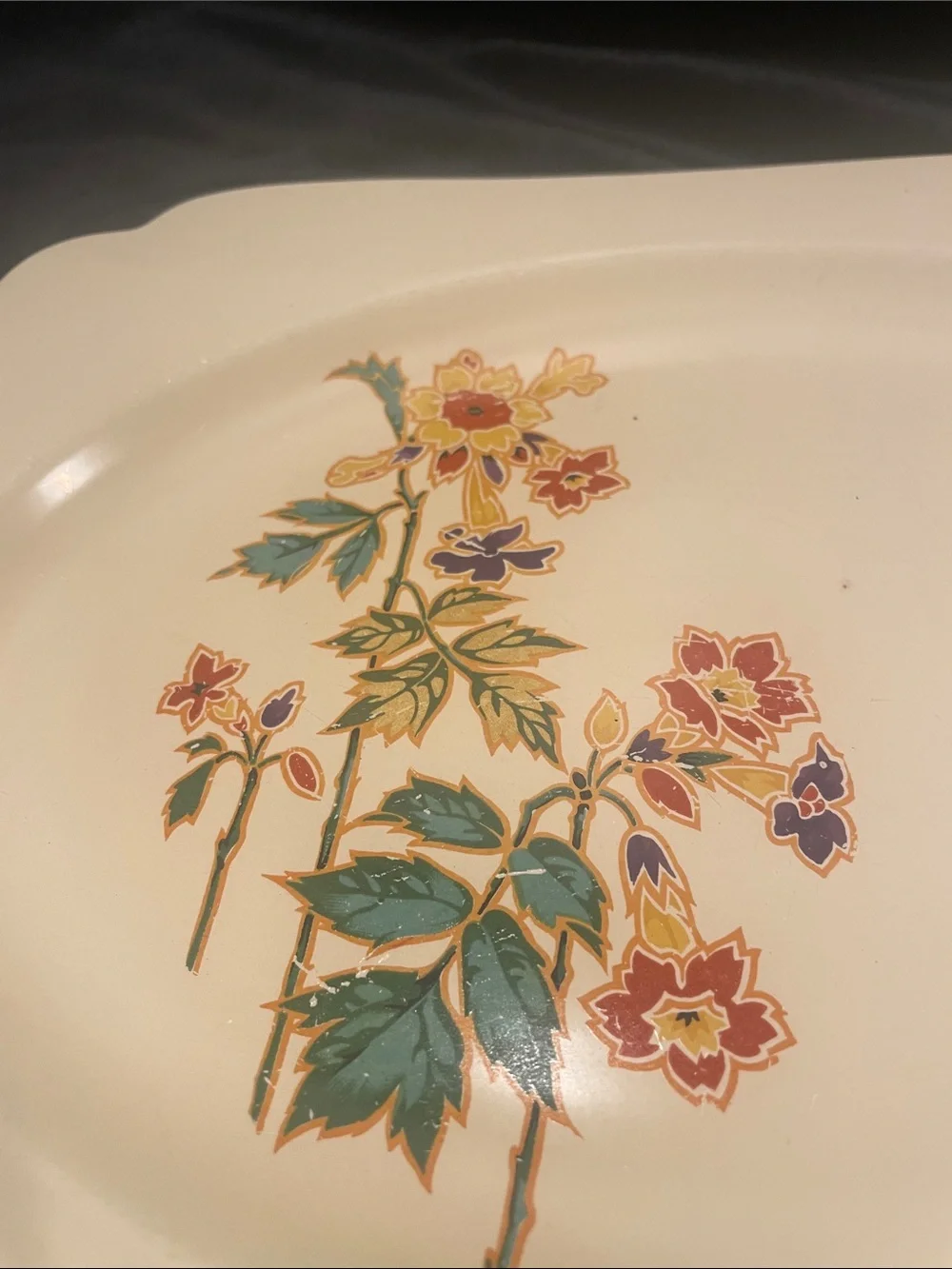 Homer Laughlin Cream Oval Serving Platter with Multicolored Floral Branch